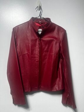 Mitsu Red Leather Jacket with Cropped Collar and Zippers on Sleeves